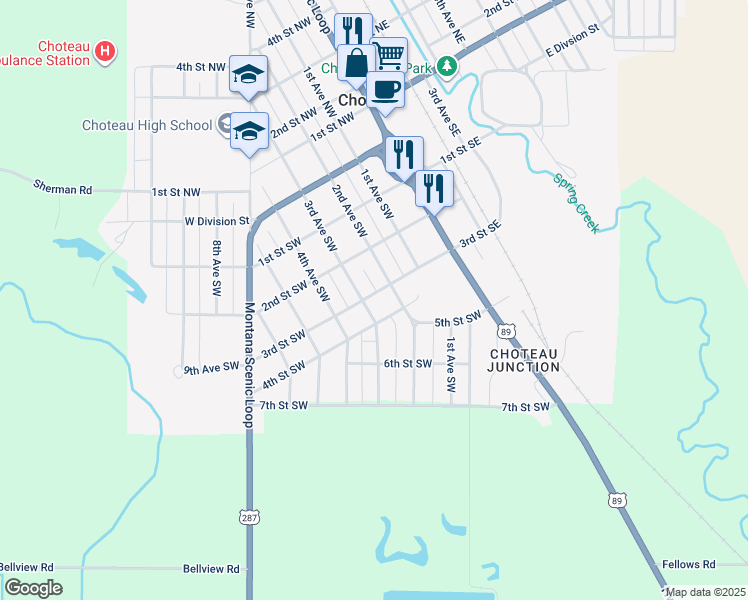 map of restaurants, bars, coffee shops, grocery stores, and more near 303 3rd Avenue Southwest in Choteau