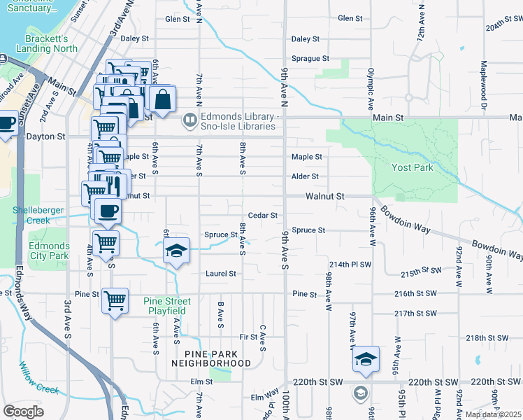 map of restaurants, bars, coffee shops, grocery stores, and more near 823 Cedar Street in Edmonds