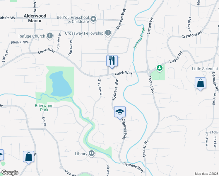 map of restaurants, bars, coffee shops, grocery stores, and more near 211th Place Southwest in Lynnwood
