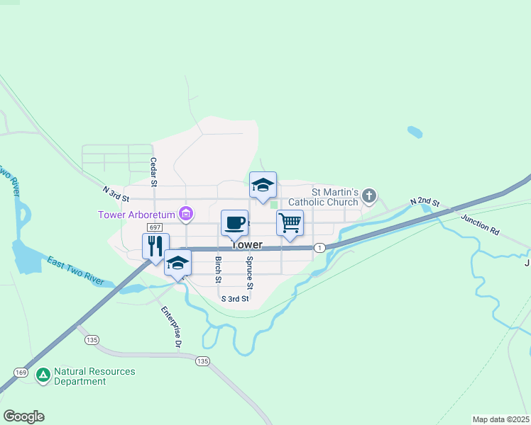 map of restaurants, bars, coffee shops, grocery stores, and more near 415 North 2nd Street in Tower