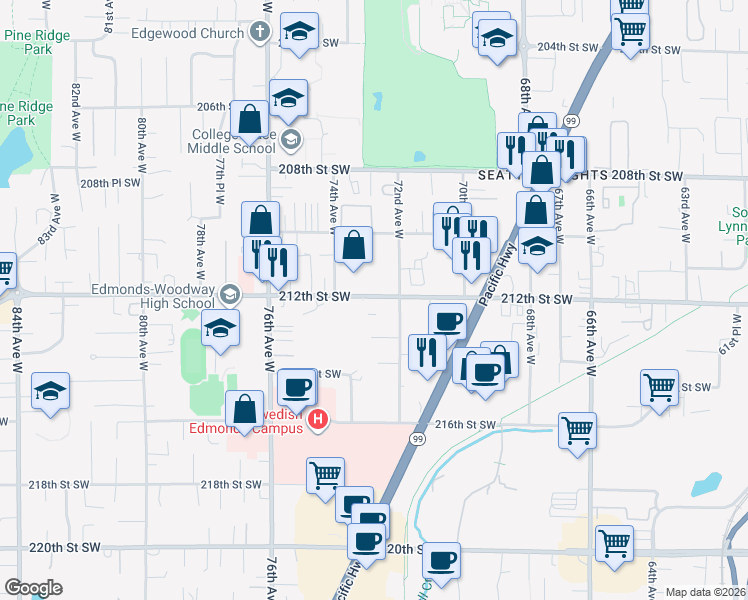 map of restaurants, bars, coffee shops, grocery stores, and more near 7234 212th Street Southwest in Edmonds