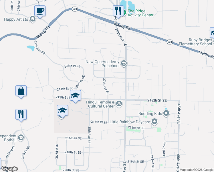 map of restaurants, bars, coffee shops, grocery stores, and more near 21022 37th Avenue Southeast in Bothell