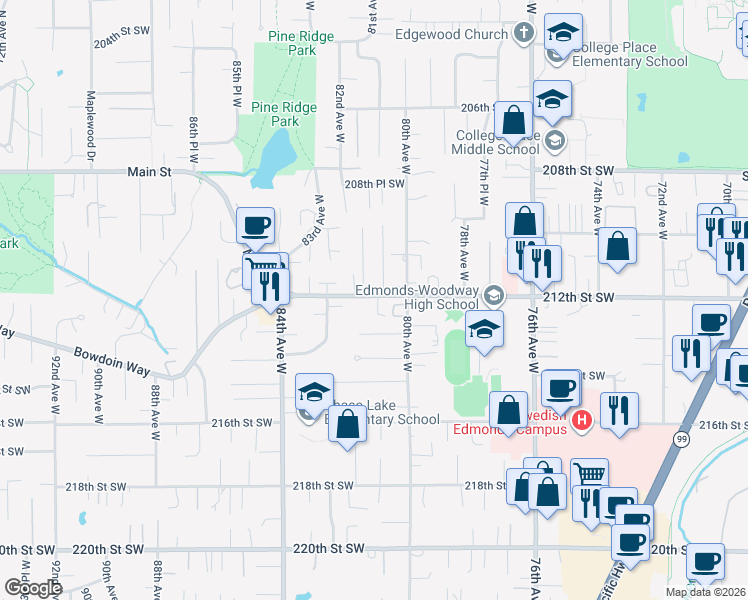 map of restaurants, bars, coffee shops, grocery stores, and more near 8104 212th Street Southwest in Edmonds