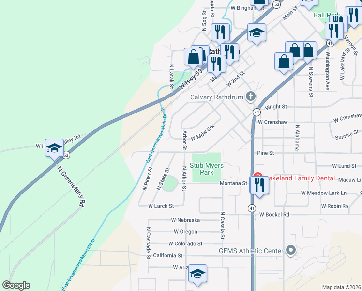 map of restaurants, bars, coffee shops, grocery stores, and more near 8513 West 4th Street in Rathdrum
