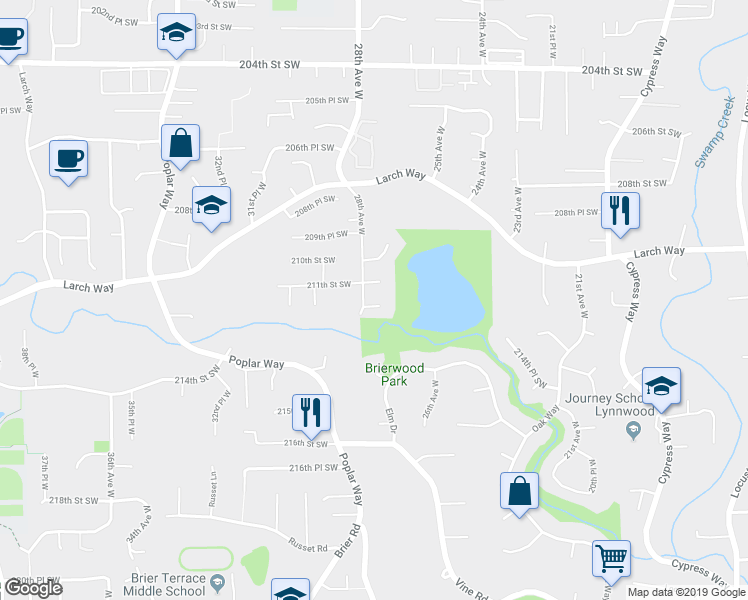 map of restaurants, bars, coffee shops, grocery stores, and more near 2721 211th Place Southwest in Lynnwood