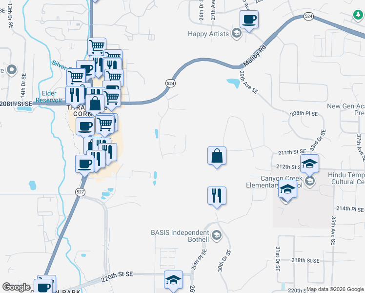 map of restaurants, bars, coffee shops, grocery stores, and more near 21107 25th Drive Southeast in Bothell