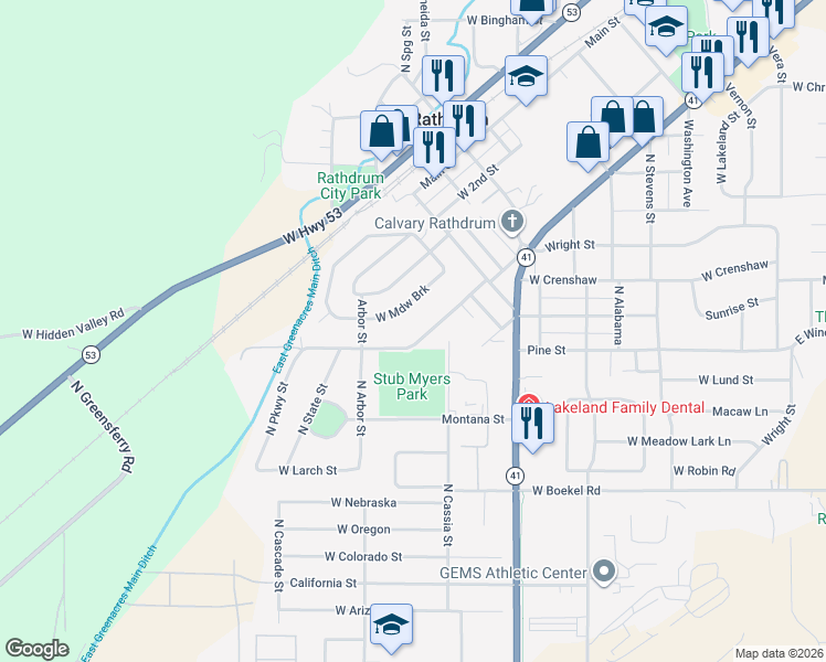 map of restaurants, bars, coffee shops, grocery stores, and more near 8266 West 4th Street in Rathdrum