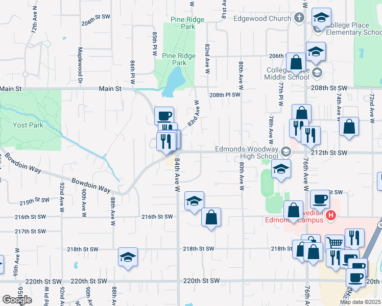 map of restaurants, bars, coffee shops, grocery stores, and more near 8304 212th St SW in Edmonds