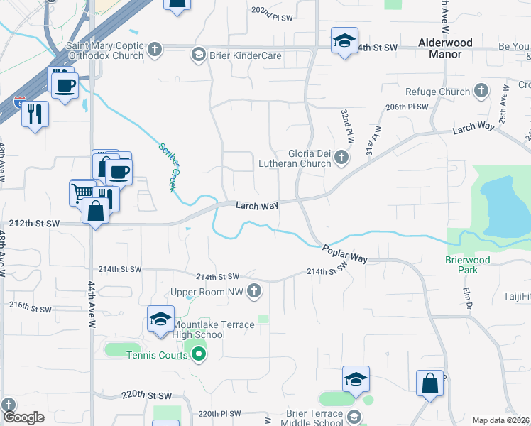 map of restaurants, bars, coffee shops, grocery stores, and more near 3626 Larch Way in Lynnwood