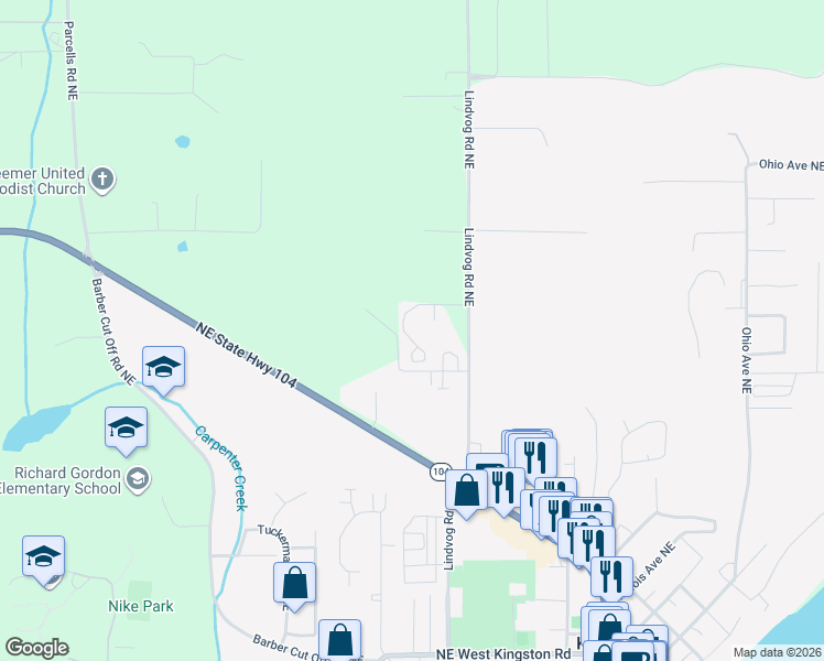 map of restaurants, bars, coffee shops, grocery stores, and more near 10655 Northeast Kingston Meadow Circle in Kingston