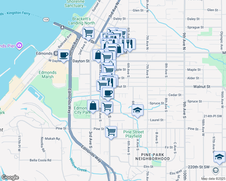 map of restaurants, bars, coffee shops, grocery stores, and more near 525 5th Avenue South in Edmonds