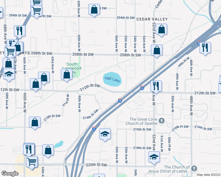 map of restaurants, bars, coffee shops, grocery stores, and more near 5621 212th Street Southwest in Lynnwood