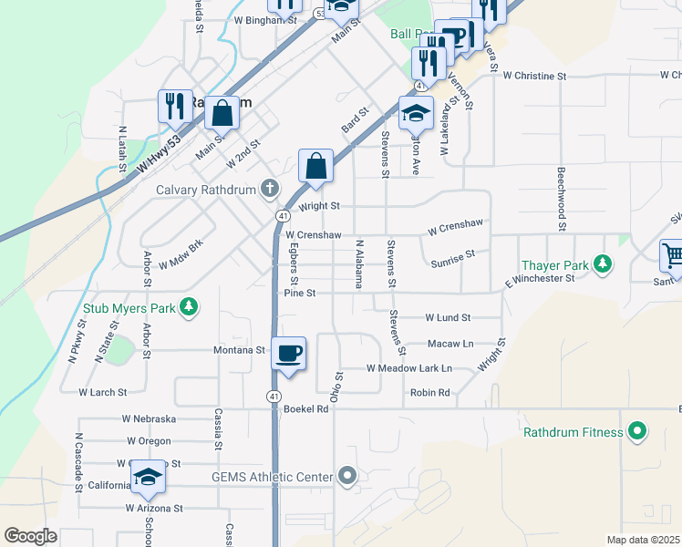 map of restaurants, bars, coffee shops, grocery stores, and more near 14827 South Alabama Street in Rathdrum