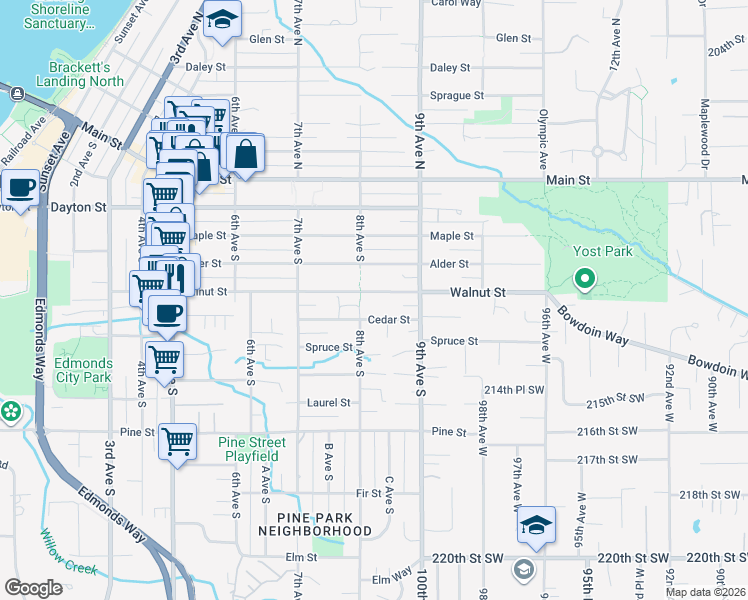 map of restaurants, bars, coffee shops, grocery stores, and more near 823 Cedar Street in Edmonds