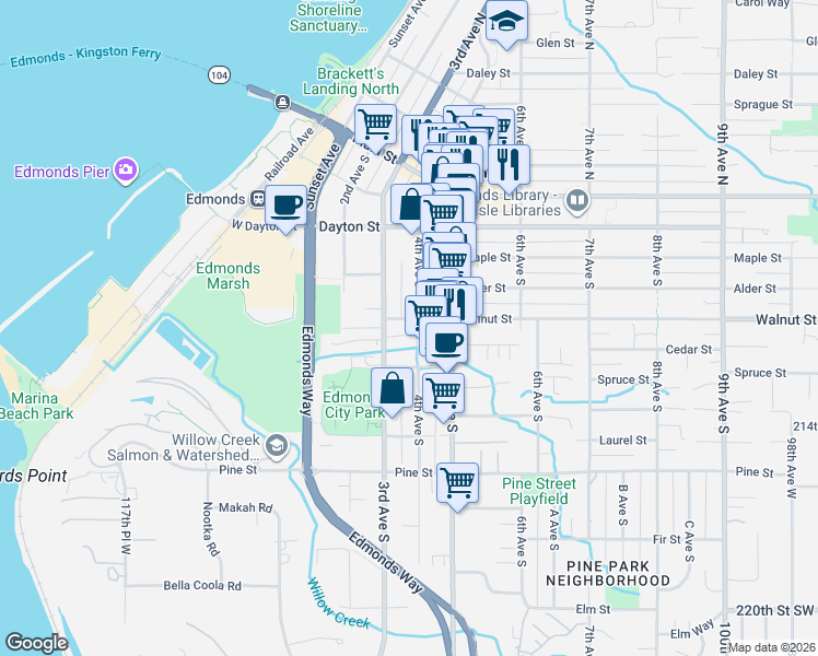 map of restaurants, bars, coffee shops, grocery stores, and more near 316 Walnut Street in Edmonds