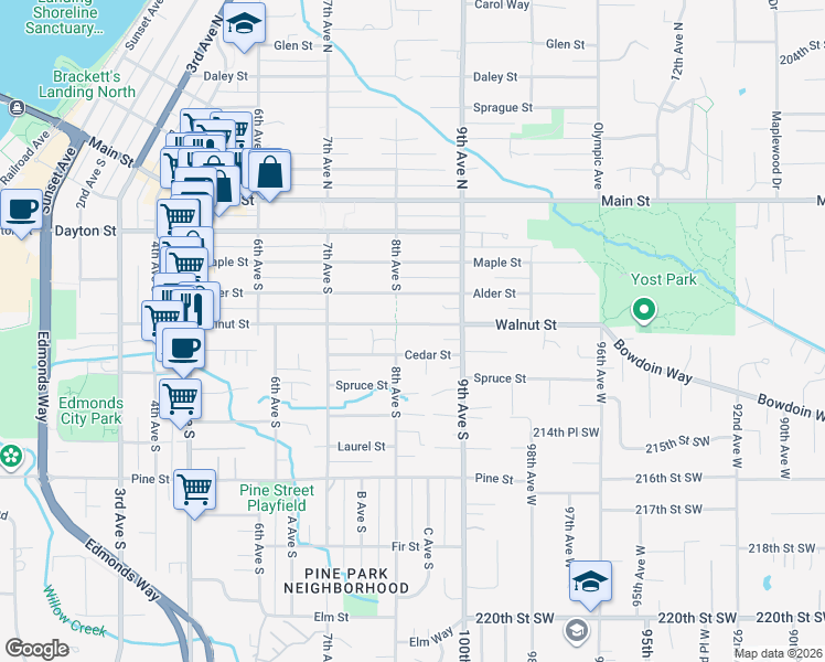 map of restaurants, bars, coffee shops, grocery stores, and more near 823 Cedar Street in Edmonds