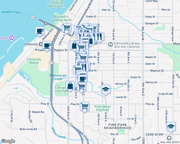 map of restaurants, bars, coffee shops, grocery stores, and more near 524 Holly Drive in Edmonds