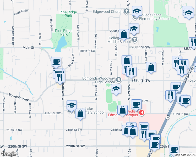 map of restaurants, bars, coffee shops, grocery stores, and more near 21107 80th Avenue West in Edmonds