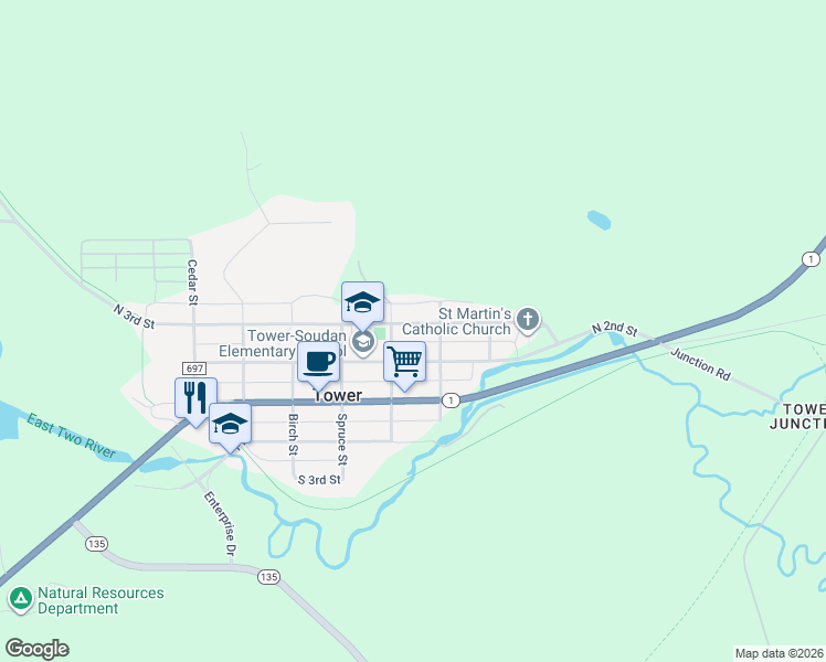 map of restaurants, bars, coffee shops, grocery stores, and more near 301 North 2nd Street in Tower