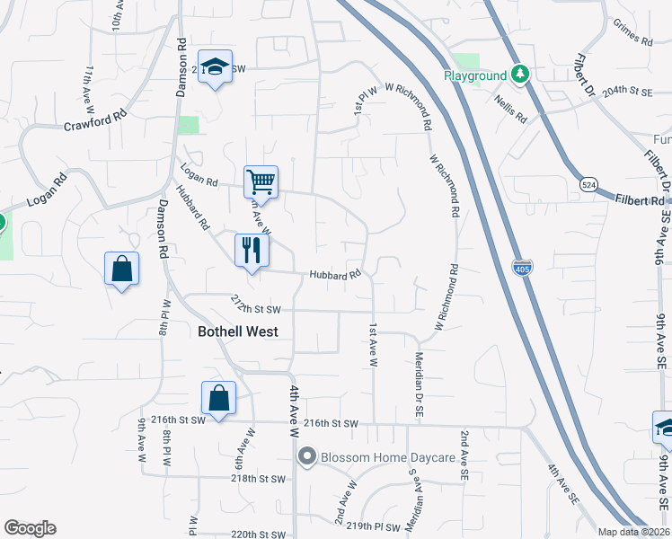 map of restaurants, bars, coffee shops, grocery stores, and more near 216 Hubbard Road in Lynnwood