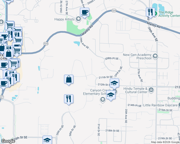 map of restaurants, bars, coffee shops, grocery stores, and more near 3002 211th Street Southeast in Bothell