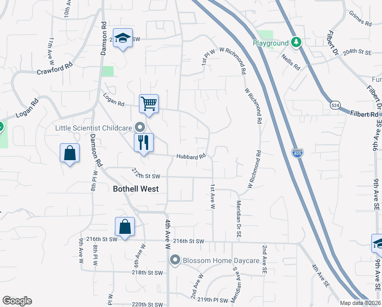 map of restaurants, bars, coffee shops, grocery stores, and more near 216 Hubbard Road in Lynnwood