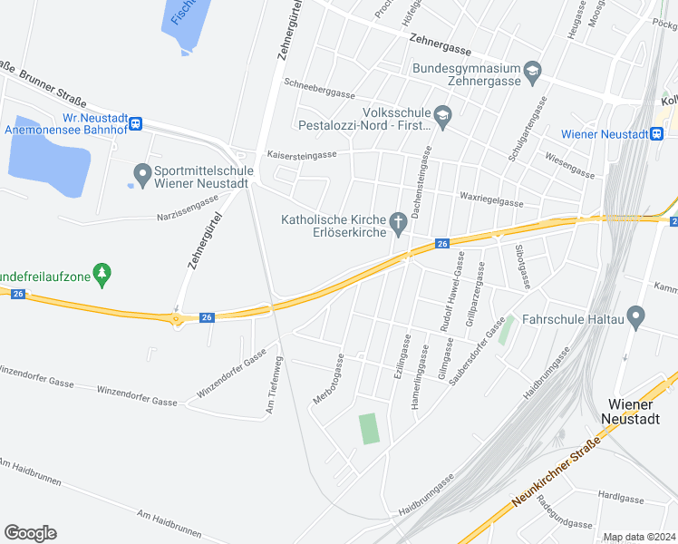 map of restaurants, bars, coffee shops, grocery stores, and more near 32 Willendorfer Gasse in Wiener Neustadt