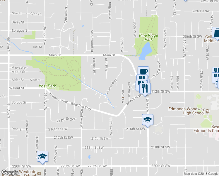 map of restaurants, bars, coffee shops, grocery stores, and more near 21119 Pioneer Way in Edmonds