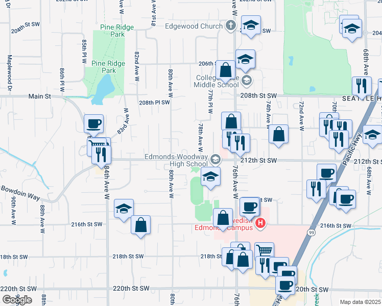 map of restaurants, bars, coffee shops, grocery stores, and more near 21035 80th Avenue West in Edmonds