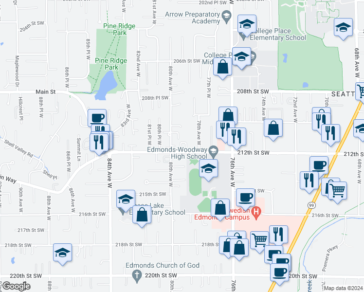 map of restaurants, bars, coffee shops, grocery stores, and more near 21035 80th Avenue West in Edmonds