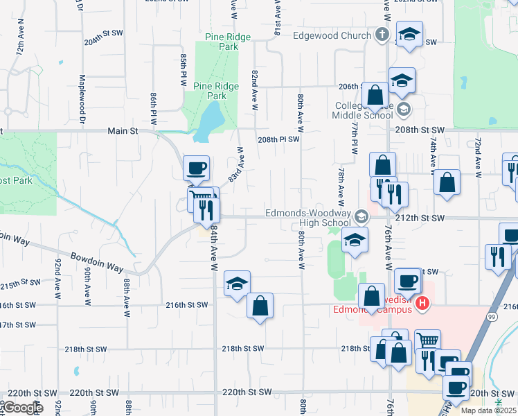 map of restaurants, bars, coffee shops, grocery stores, and more near 21110 82nd Place West in Edmonds