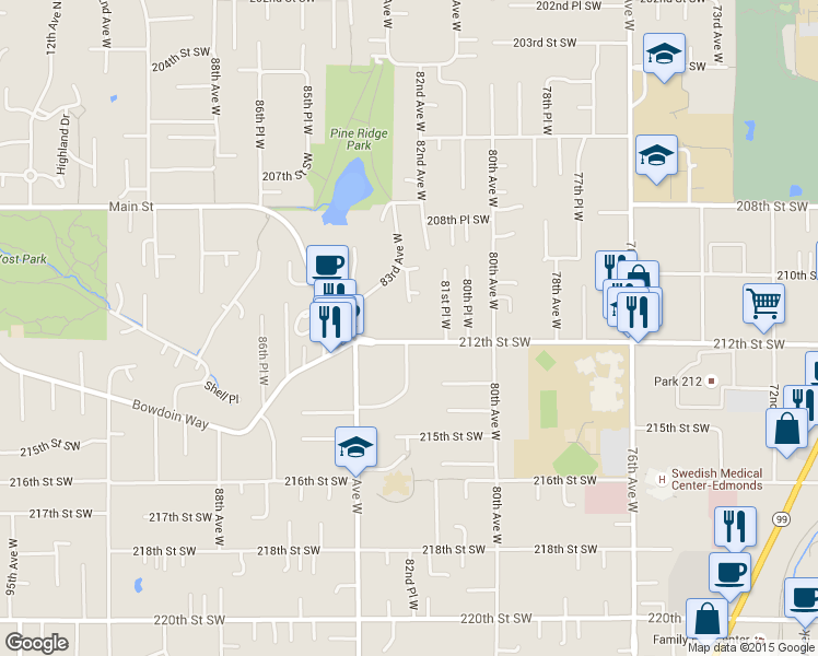 map of restaurants, bars, coffee shops, grocery stores, and more near 21110 82nd Place West in Edmonds