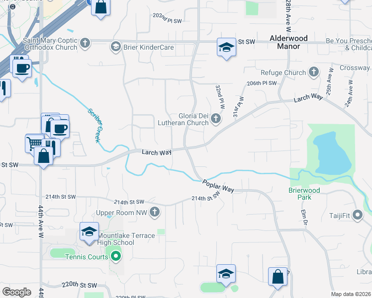 map of restaurants, bars, coffee shops, grocery stores, and more near 21000 Poplar Way in Lynnwood