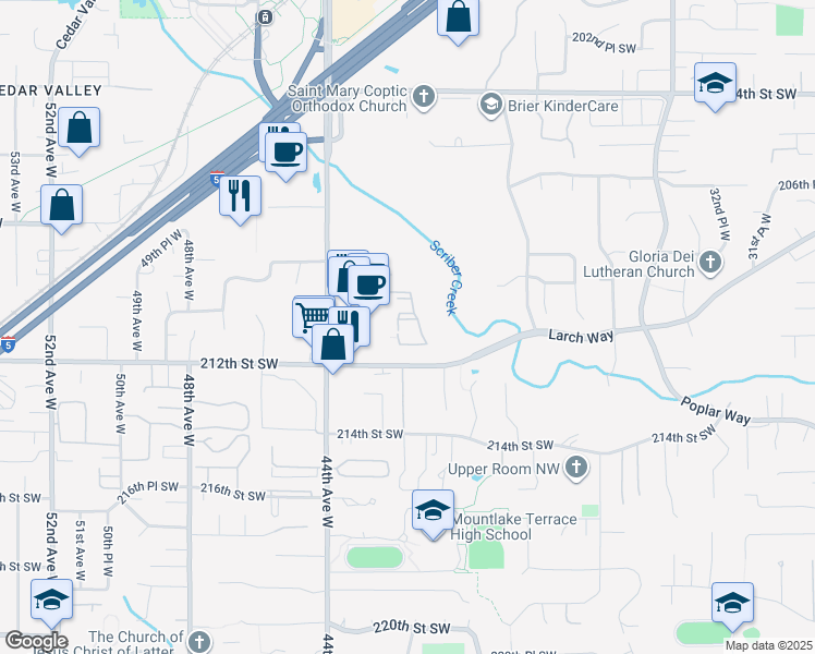 map of restaurants, bars, coffee shops, grocery stores, and more near 21100 40th Avenue West in Mountlake Terrace