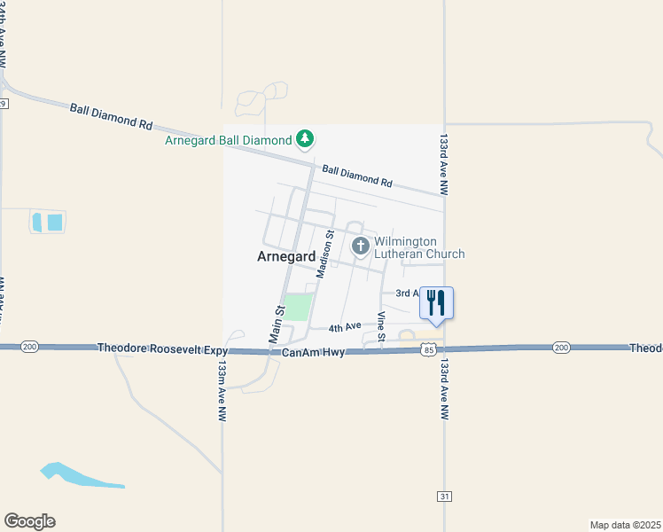 map of restaurants, bars, coffee shops, grocery stores, and more near 203 2nd Avenue East in Arnegard