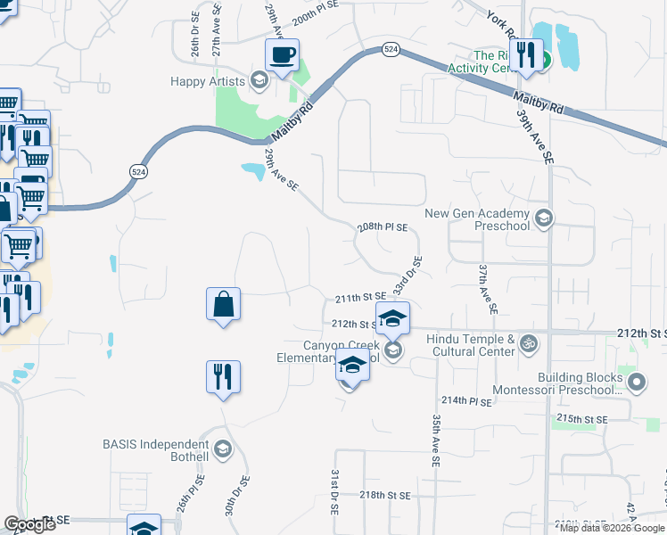 map of restaurants, bars, coffee shops, grocery stores, and more near 20911 30th Drive Southeast in Bothell
