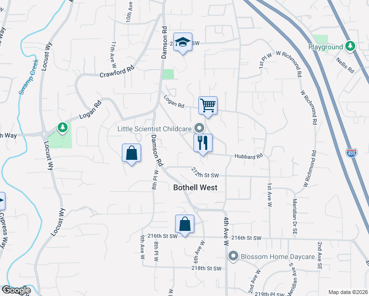 map of restaurants, bars, coffee shops, grocery stores, and more near 630 Hubbard Road in Lynnwood