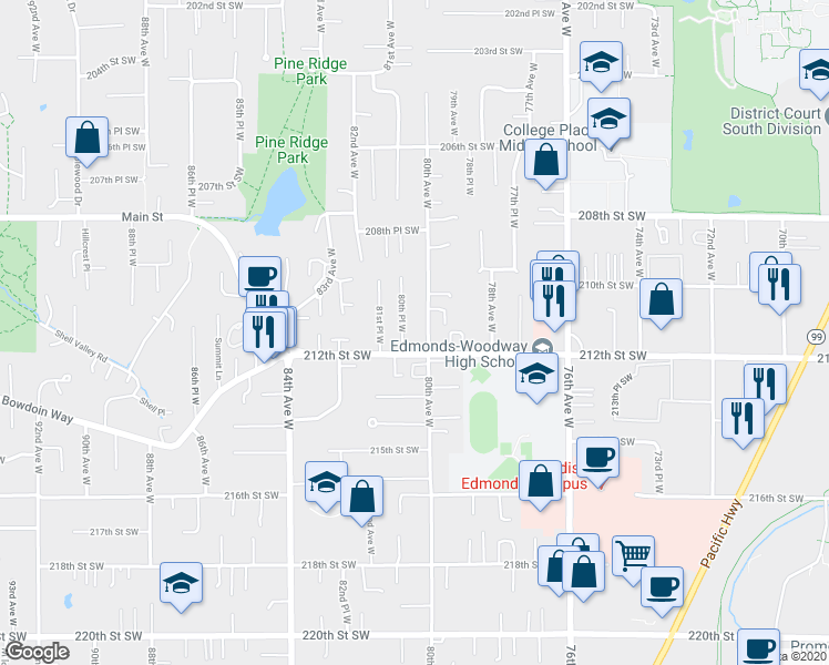 map of restaurants, bars, coffee shops, grocery stores, and more near 21020 80th Avenue West in Edmonds