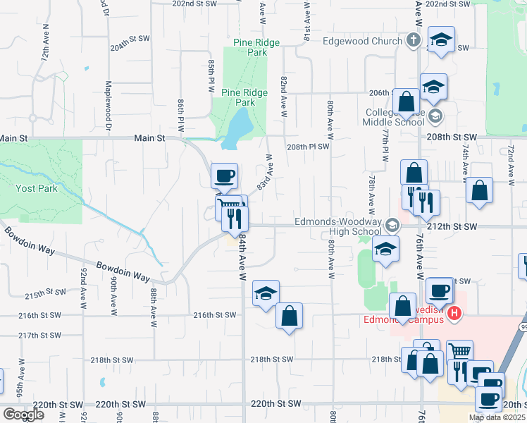 map of restaurants, bars, coffee shops, grocery stores, and more near 21035 83rd Avenue West in Edmonds