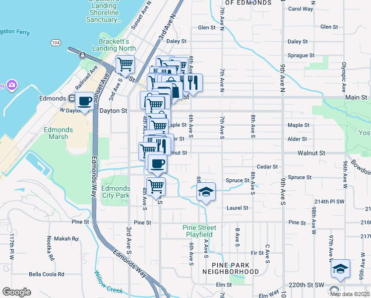 map of restaurants, bars, coffee shops, grocery stores, and more near 533 Alder Street in Edmonds