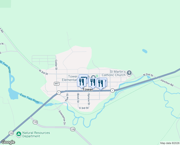 map of restaurants, bars, coffee shops, grocery stores, and more near 415 North 3rd Street in Tower