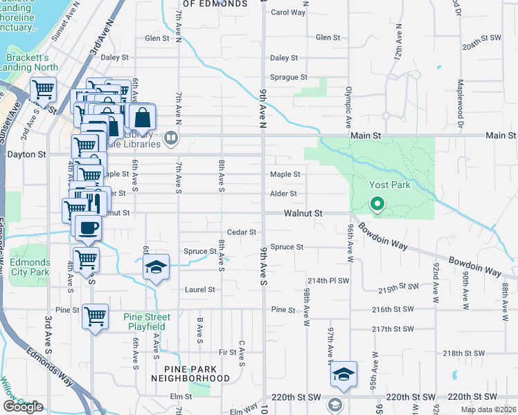 map of restaurants, bars, coffee shops, grocery stores, and more near 856 Alder Street in Edmonds