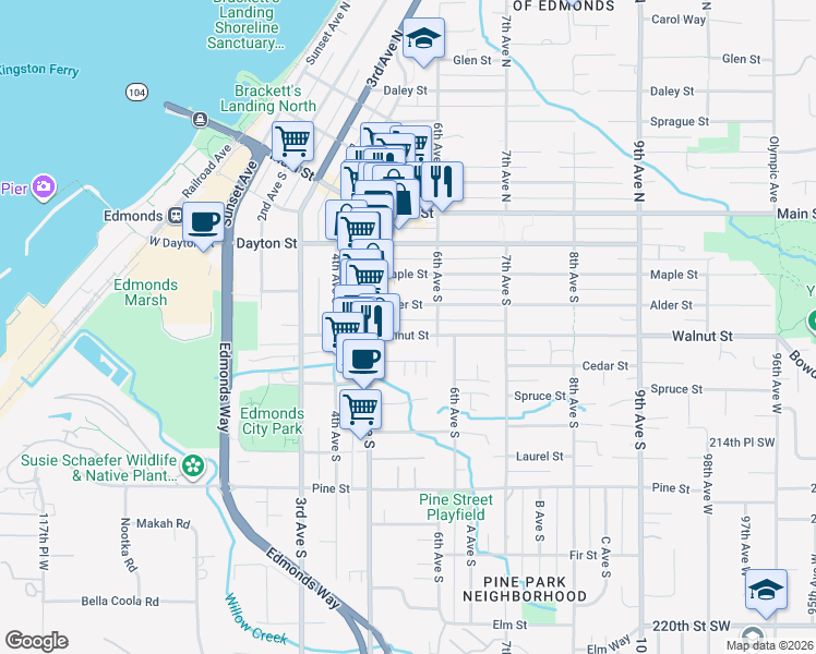 map of restaurants, bars, coffee shops, grocery stores, and more near 533 Alder Street in Edmonds