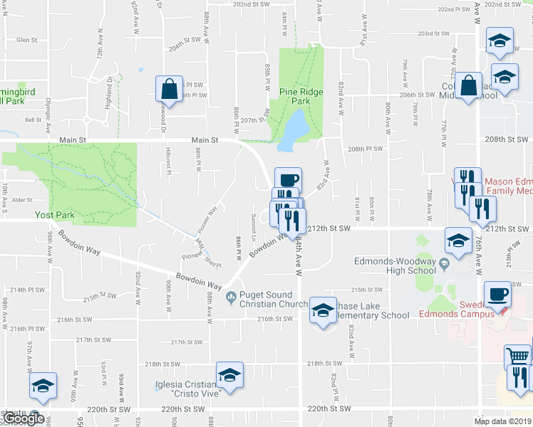 map of restaurants, bars, coffee shops, grocery stores, and more near in Edmonds