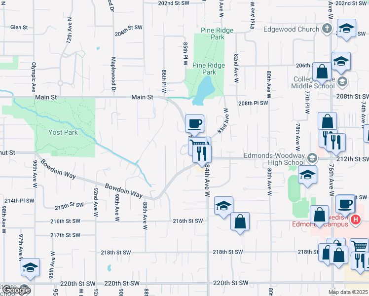 map of restaurants, bars, coffee shops, grocery stores, and more near 8500 Main Street in Edmonds