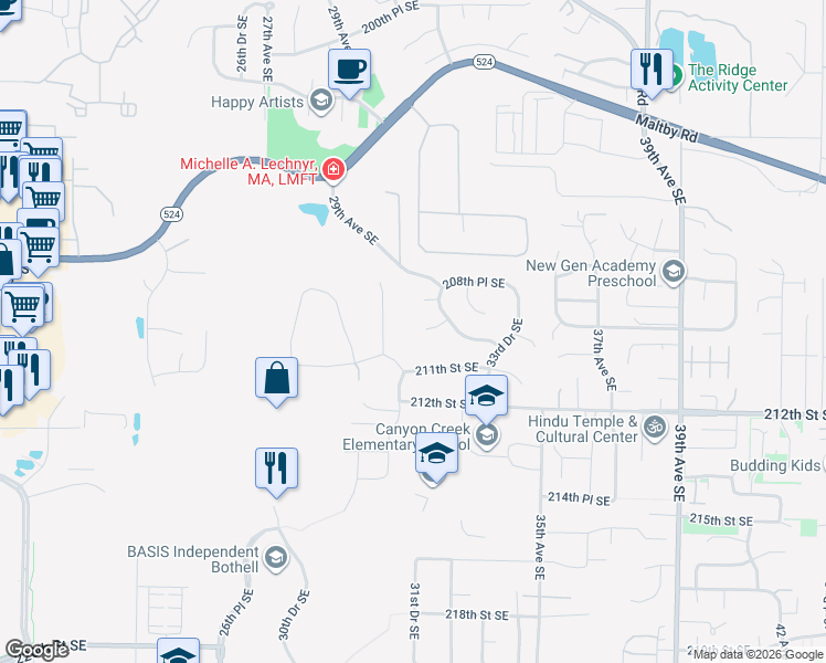 map of restaurants, bars, coffee shops, grocery stores, and more near 20911 30th Drive Southeast in Bothell