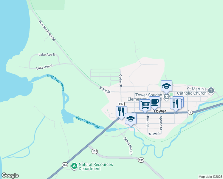 map of restaurants, bars, coffee shops, grocery stores, and more near 813 North 3rd Street in Tower