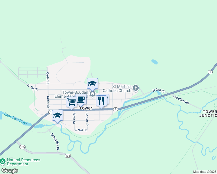 map of restaurants, bars, coffee shops, grocery stores, and more near 305 North 3rd Street in Tower