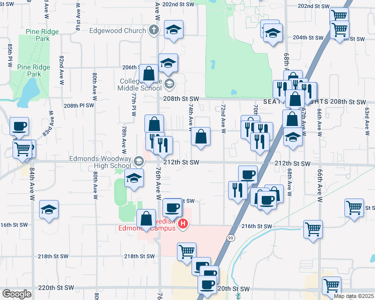 map of restaurants, bars, coffee shops, grocery stores, and more near 212TH Puget Sound Boulevard in Edmonds