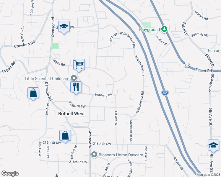 map of restaurants, bars, coffee shops, grocery stores, and more near 111 210th Street Southwest in Lynnwood